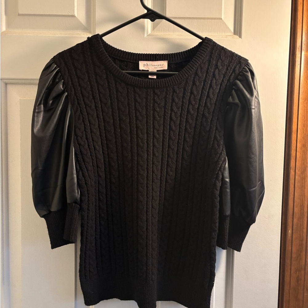 Philosophy cable knit balloon sleeve in vegan leather sweater wms M crew neck